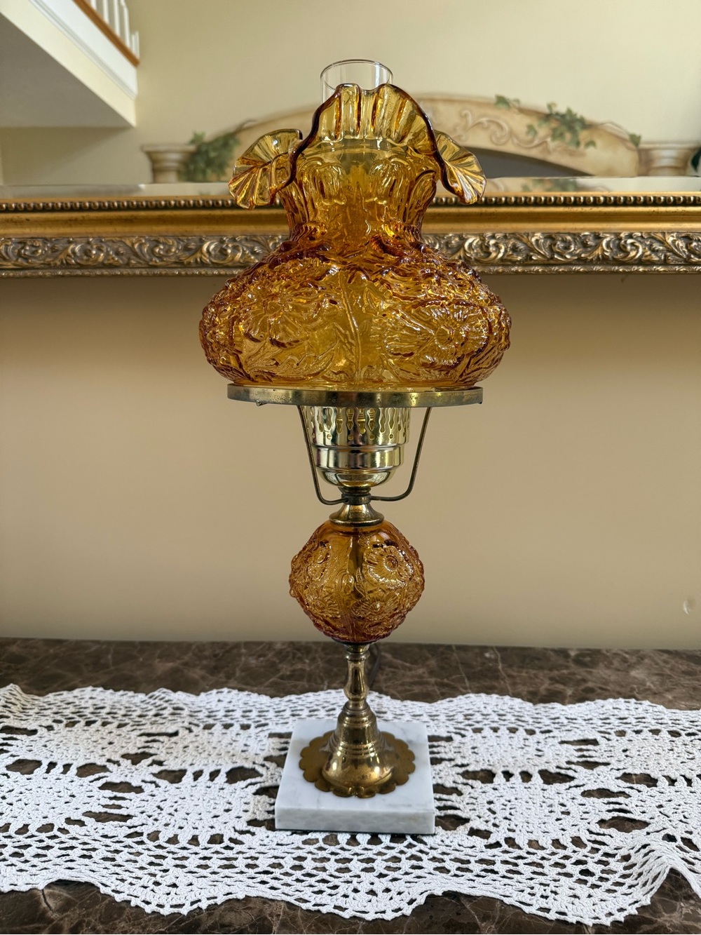 Vintage Fenton Amber Poppy Student Hurricane Lamp with Marble Base
